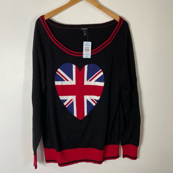 torrid Sweaters - Torrid Black Sweater with UK Union Jack Heart Size 2X